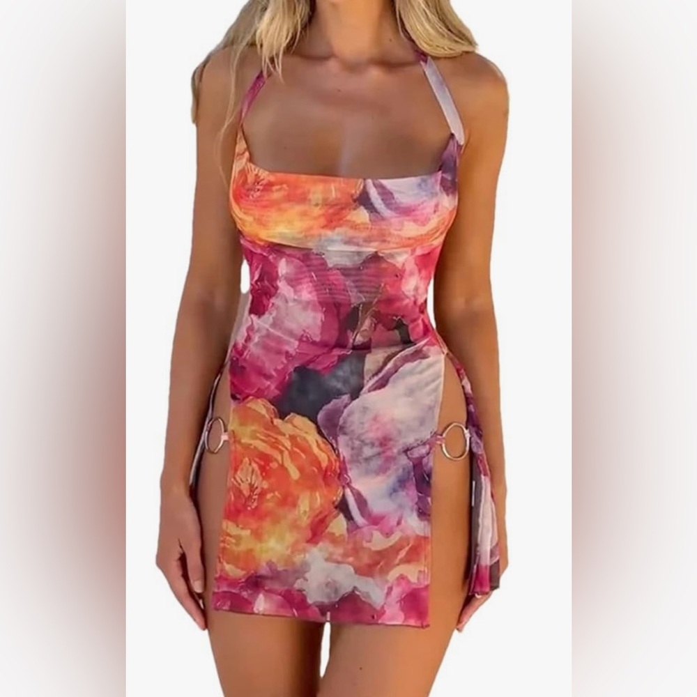 NWT Orange and Pink Mini Halter Dress for Cocktail Night
